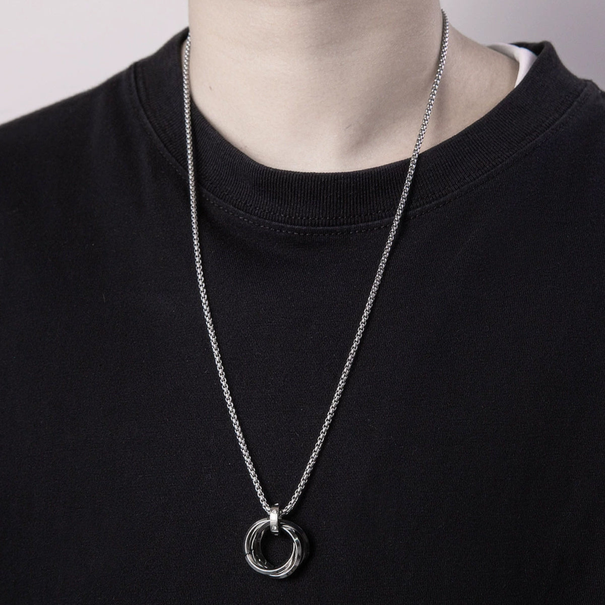 Silver Plated Stainless Steel Anti Tarnish Triple Rings Black Circular Pendant For Men