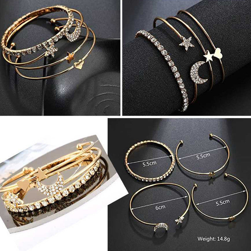 Scintillating American Diamond Star & Moon Design Gold Plated Bracelet - Pack Of 4 - MySmartBazaar