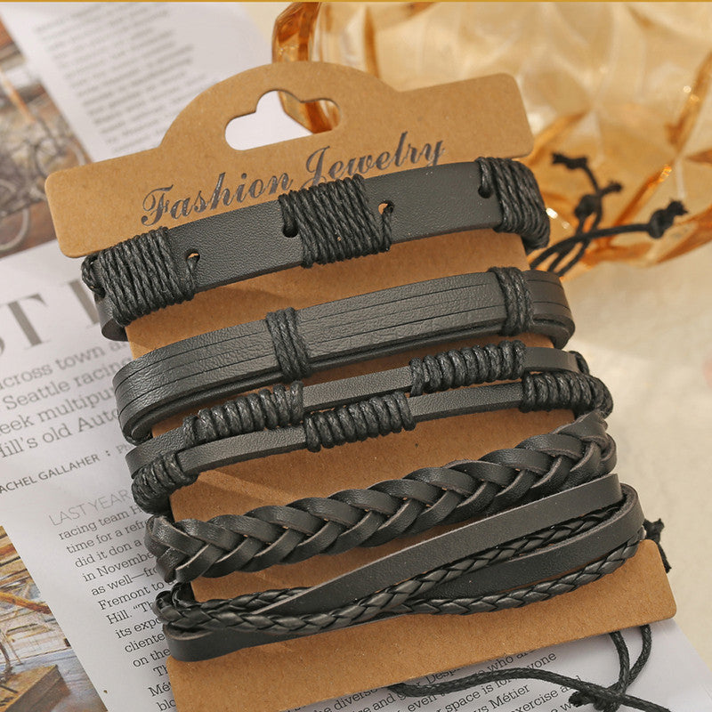 Set of 5 Multi Layered Black Faux Leather Bracelet for Men - MySmartBazaar
