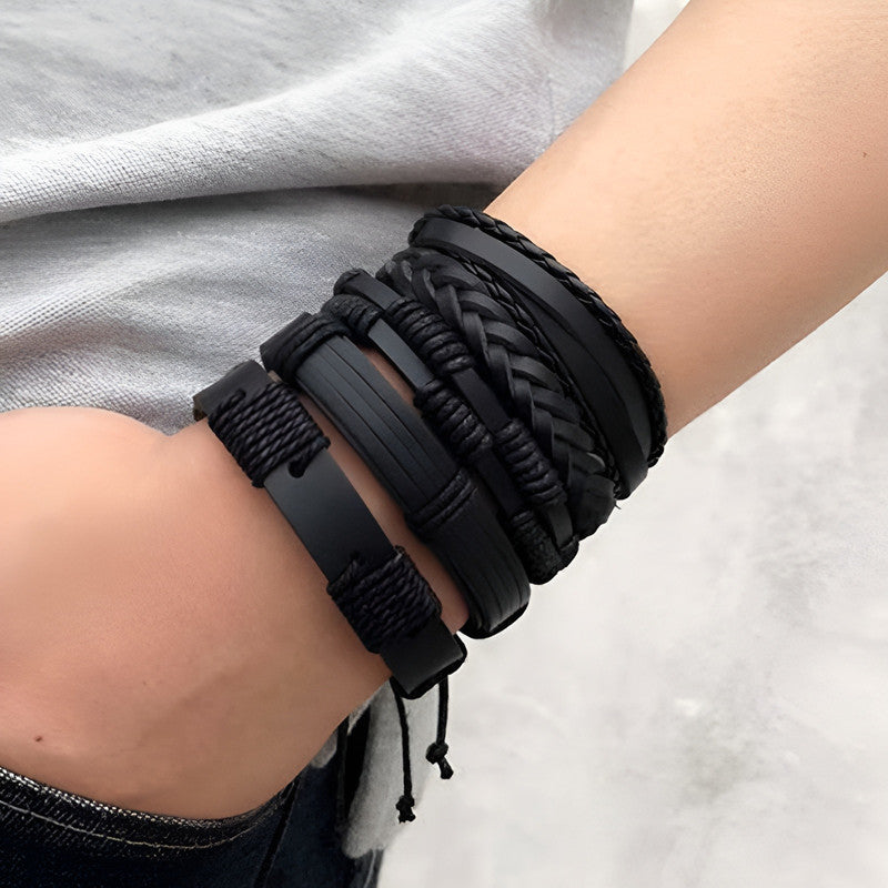Set of 5 Multi Layered Black Faux Leather Bracelet for Men - MySmartBazaar