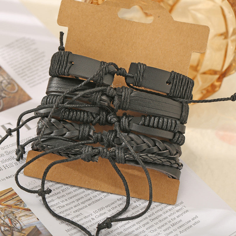 Set of 5 Multi Layered Black Faux Leather Bracelet for Men - MySmartBazaar