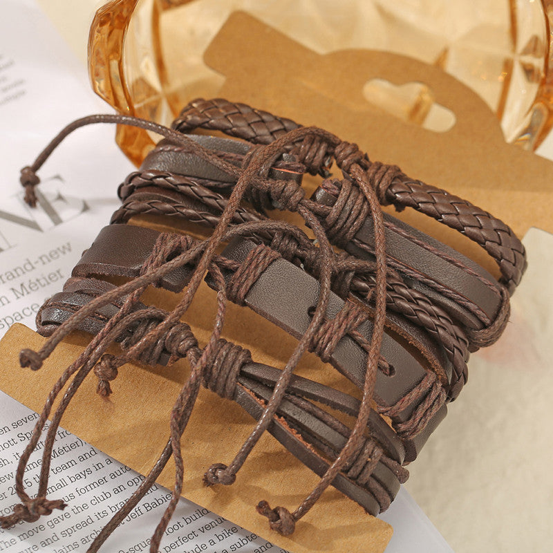 Set of 5 Multi Layered Brown Faux Leather Bracelet for Men - MySmartBazaar