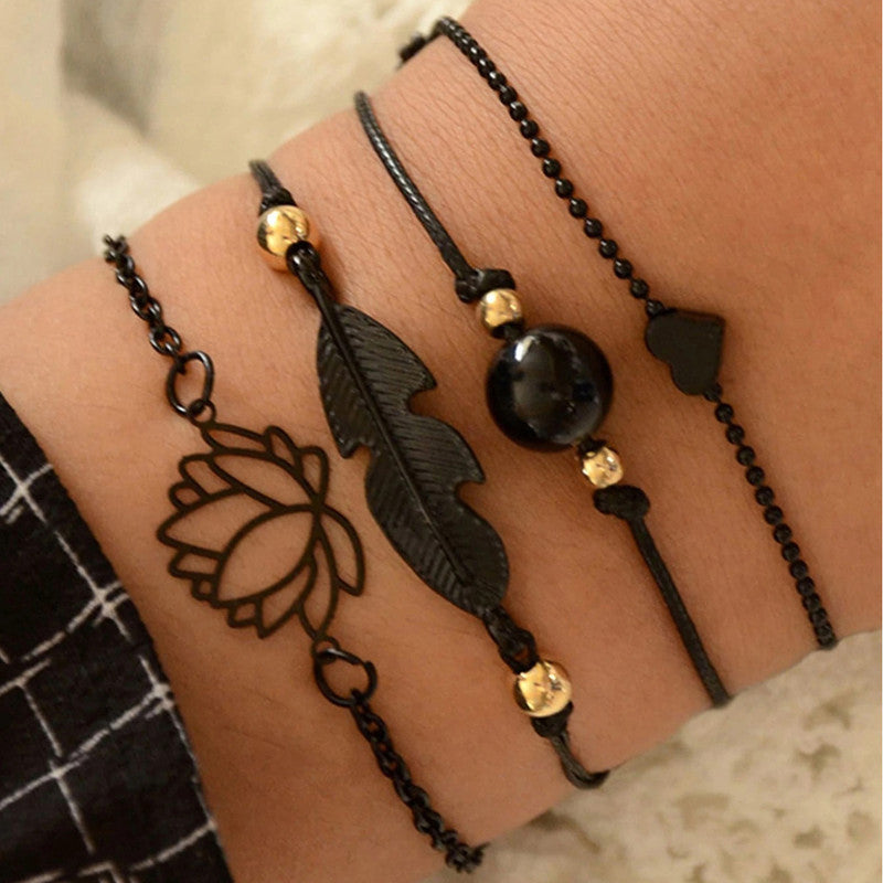Black Silver Toned Contemporary Bracelet (Pack of 4) - MySmartBazaar