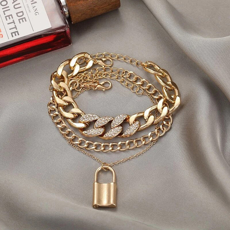 Gold Plated Stone Studded Lock inspired Multi-strand Bracelet For Women and Girls - MySmartBazaar