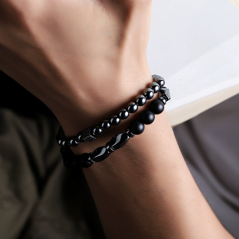 Combo of Men's Beaded 2 Piece Black & Silver Stretchable Bracelets