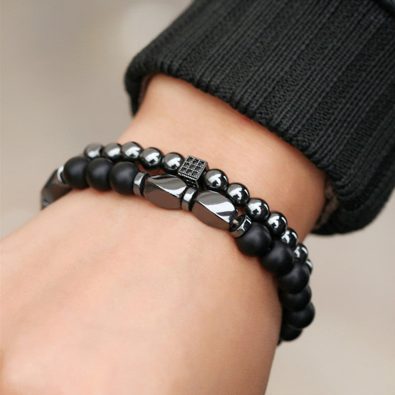 Combo of Men's Beaded 2 Piece Black & Silver Stretchable Bracelets