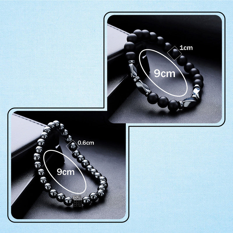 Combo of Men's Beaded 2 Piece Black & Silver Stretchable Bracelets