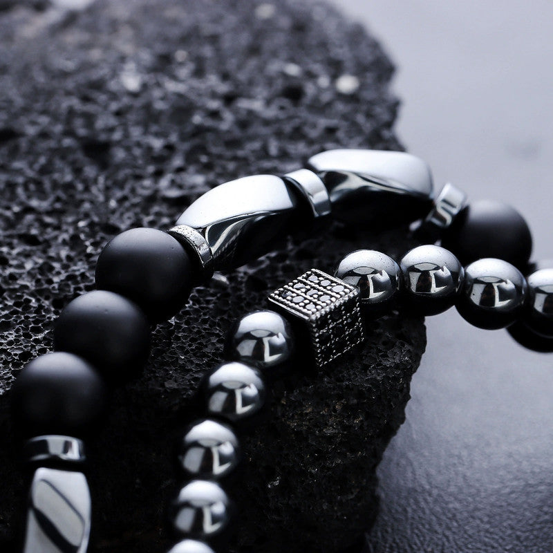 Combo of Men's Beaded 2 Piece Black & Silver Stretchable Bracelets
