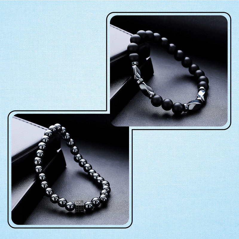 Combo of Men's Beaded 2 Piece Black & Silver Stretchable Bracelets