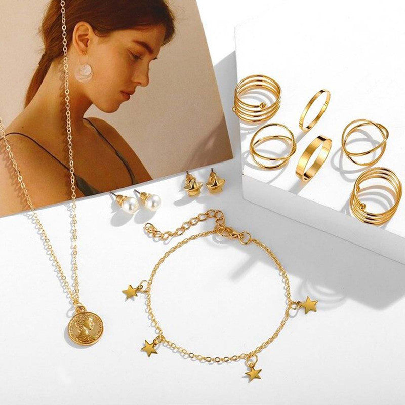 Pearl Gold Plated Earrings with Necklace and Beautiful Rings with Bracelet for Women - MySmartBazaar
