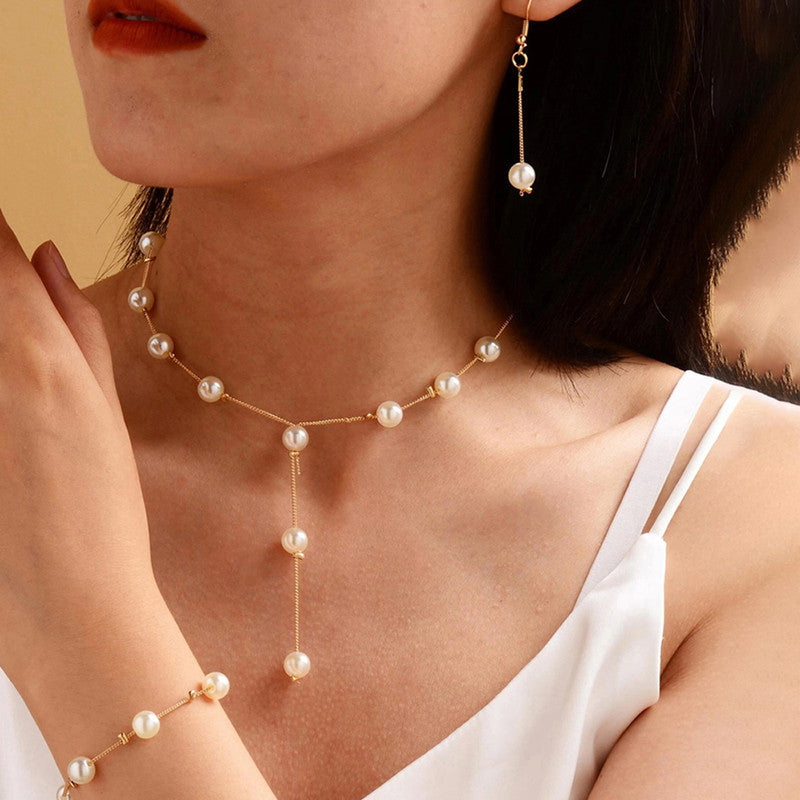 Gold Plated White Pearl Studded Multi-Piece Single-Strand Jewellery Set - MySmartBazaar