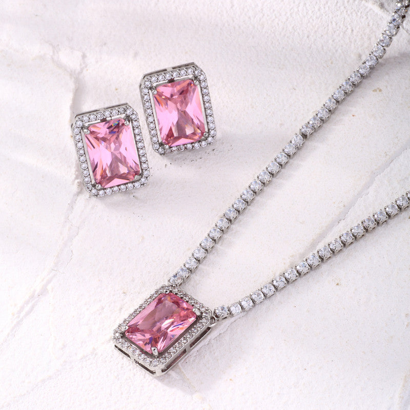 Silver Plated Crystal Studded Rectangular Colorful Anti Tarnish AD Necklace Set
