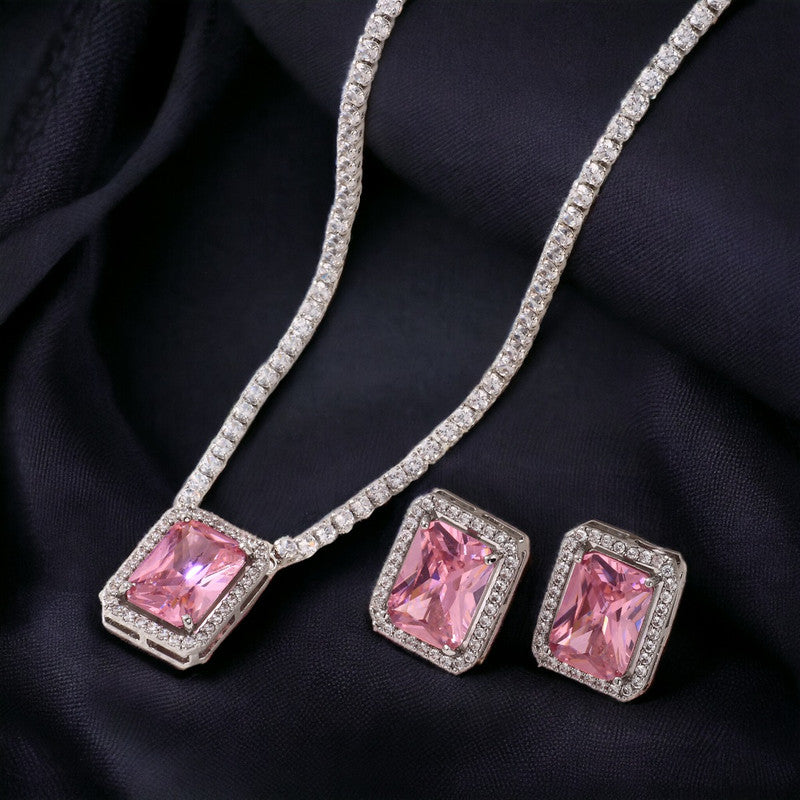 Silver Plated Crystal Studded Rectangular Colorful Anti Tarnish AD Necklace Set