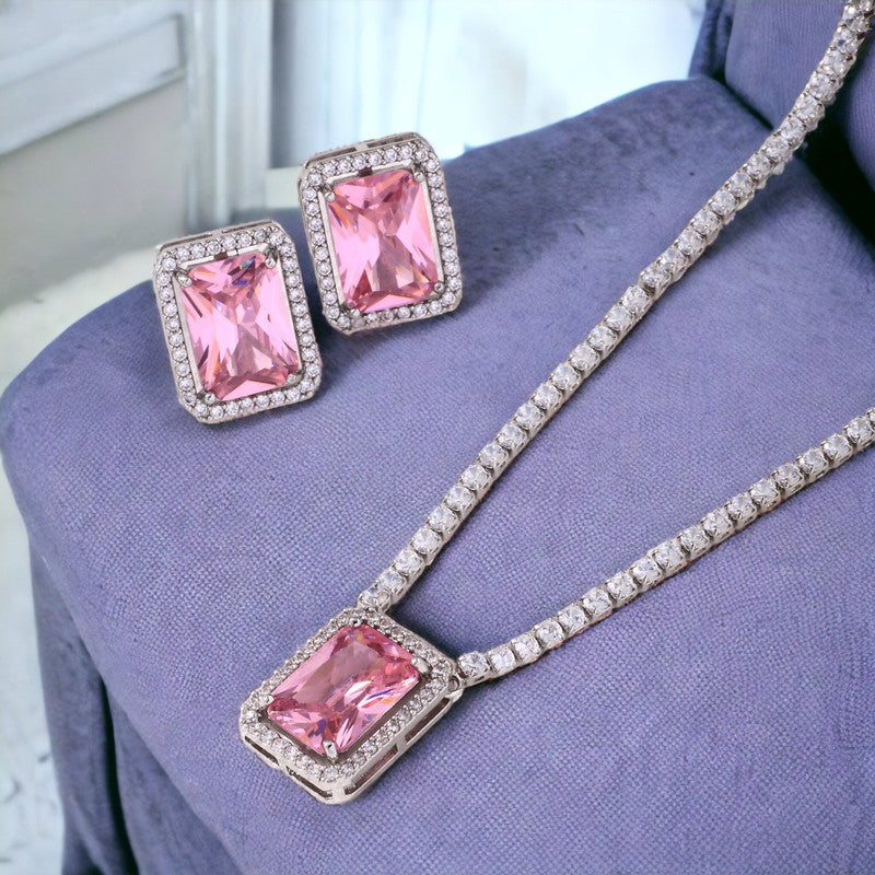 Silver Plated Crystal Studded Rectangular Colorful Anti Tarnish AD Necklace Set