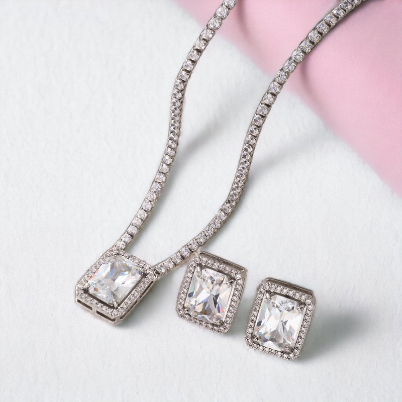 Silver Plated Crystal Studded Rectangular Colorful Anti Tarnish AD Necklace Set