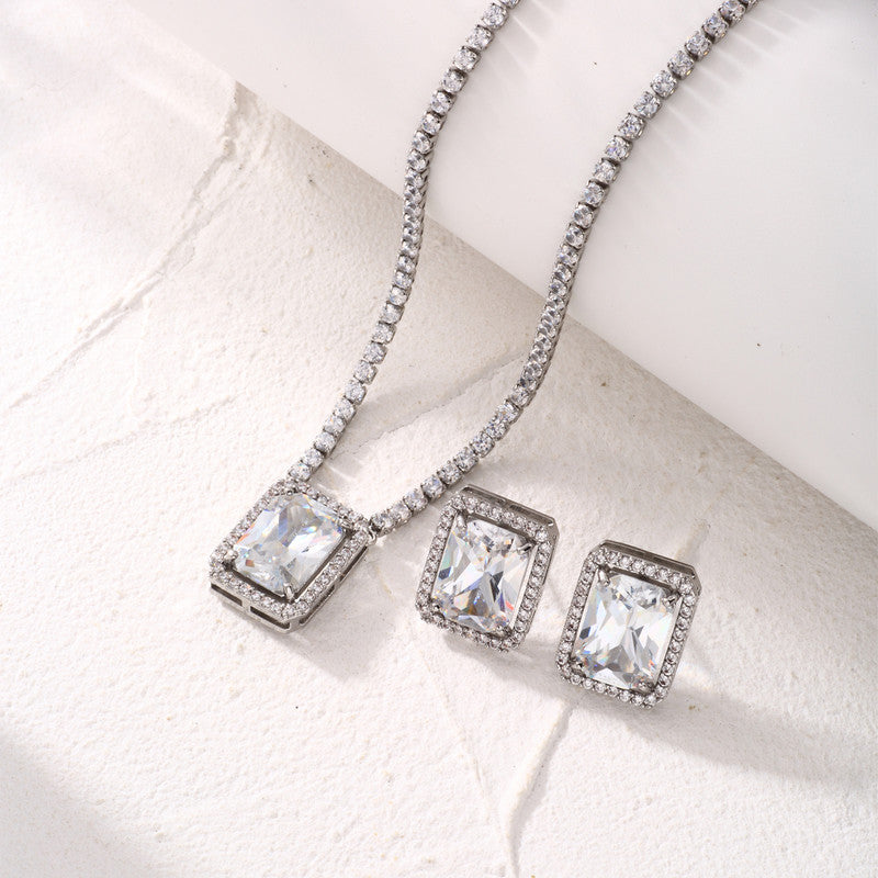 Silver Plated Crystal Studded Rectangular Colorful Anti Tarnish AD Necklace Set