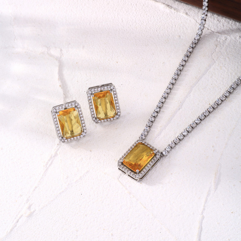 Silver Plated Crystal Studded Rectangular Colorful Anti Tarnish AD Necklace Set