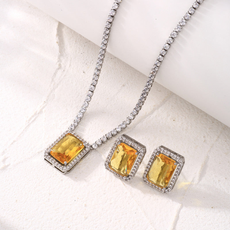 Silver Plated Crystal Studded Rectangular Colorful Anti Tarnish AD Necklace Set