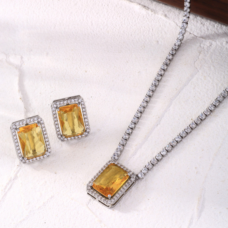 Silver Plated Crystal Studded Rectangular Colorful Anti Tarnish AD Necklace Set