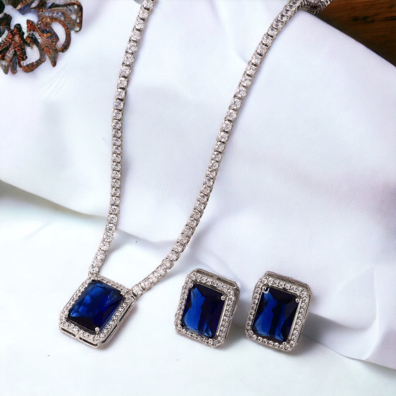Silver Plated Crystal Studded Rectangular Colorful Anti Tarnish AD Necklace Set