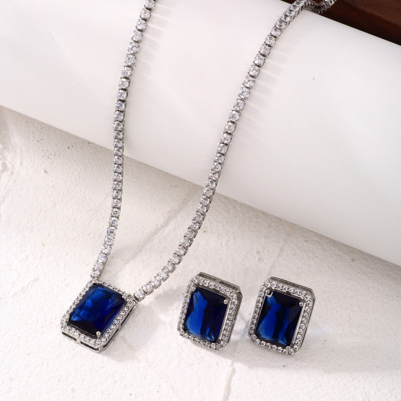Silver Plated Crystal Studded Rectangular Colorful Anti Tarnish AD Necklace Set