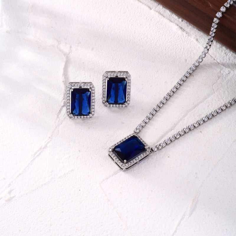 Silver Plated Crystal Studded Rectangular Colorful Anti Tarnish AD Necklace Set