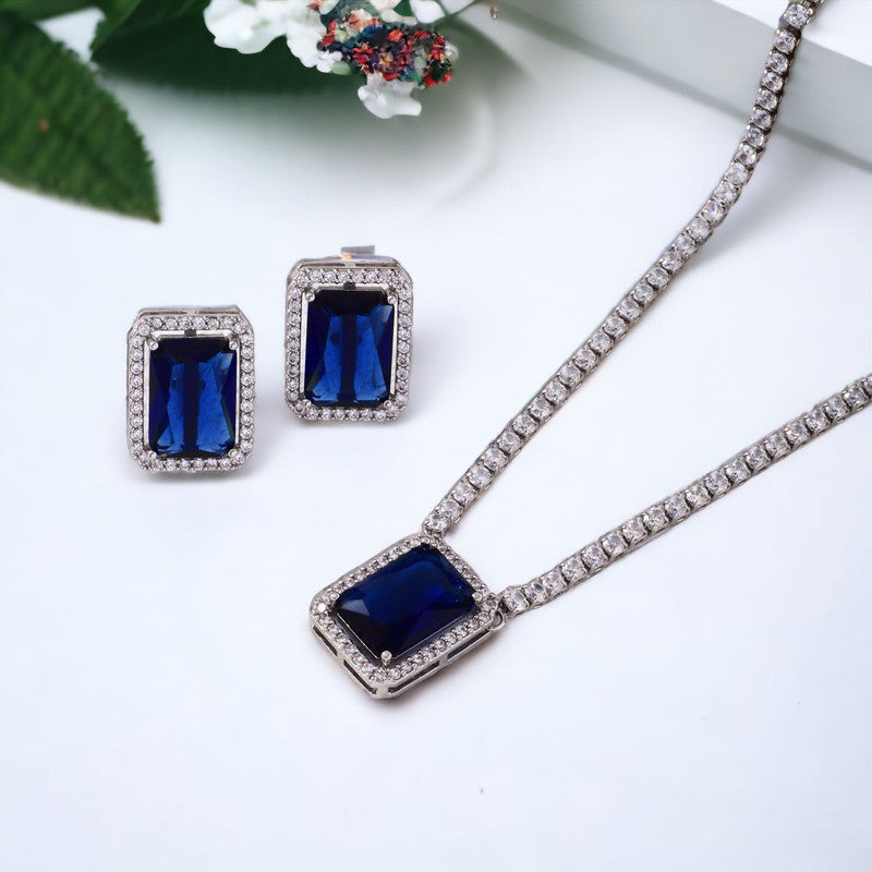 Silver Plated Crystal Studded Rectangular Colorful Anti Tarnish AD Necklace Set