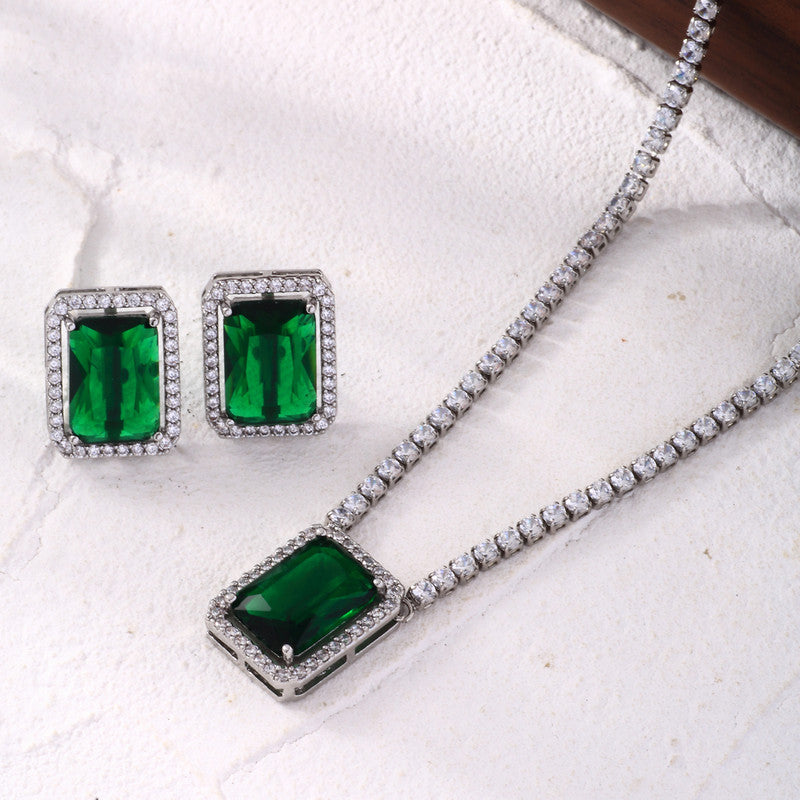 Silver Plated Crystal Studded Rectangular Colorful Anti Tarnish AD Necklace Set