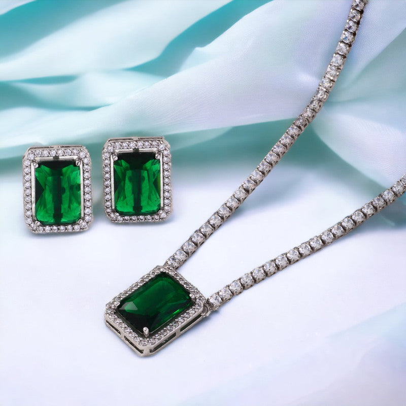 Silver Plated Crystal Studded Rectangular Colorful Anti Tarnish AD Necklace Set