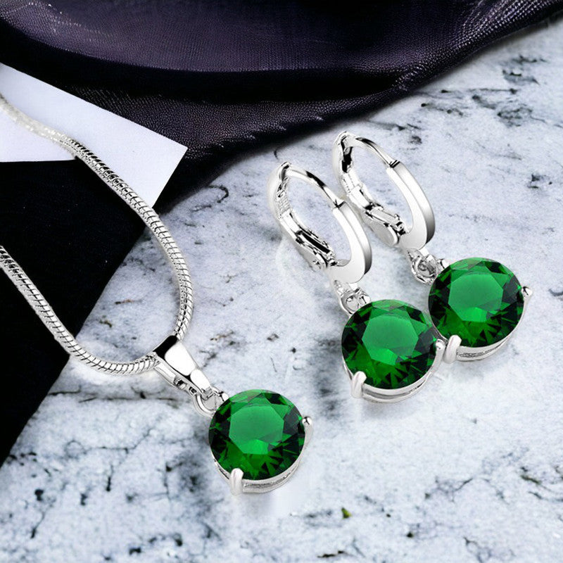 Silver Plated CZ Stone-Studded Colorful Anti Tarnish Pendant Set