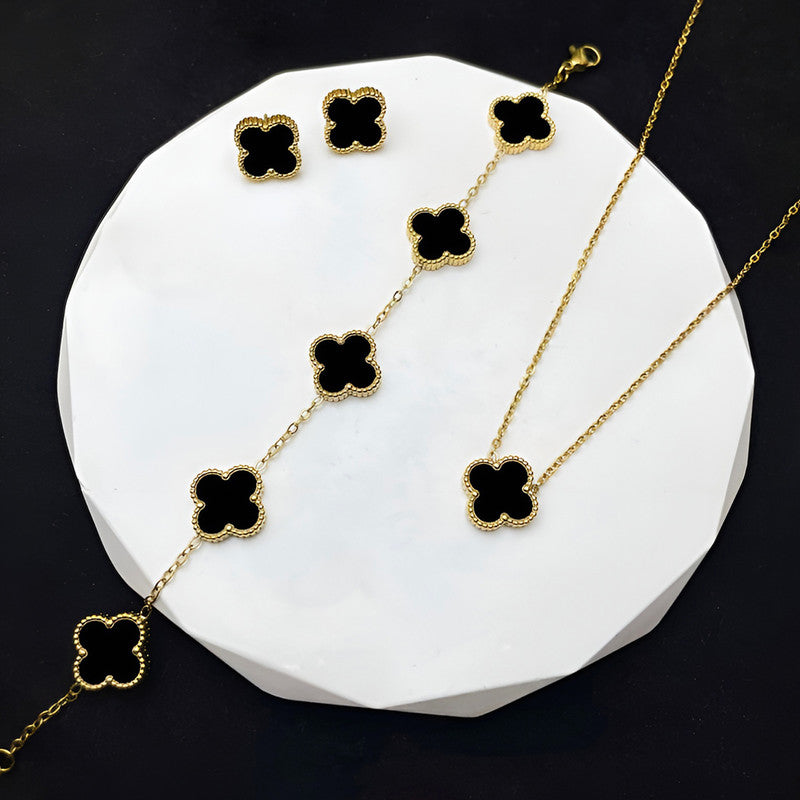 Stainless Steel Gold Plated Set Of Black Anti Tarnish Clover Jewellery Set For Girls And Women - MySmartBazaar