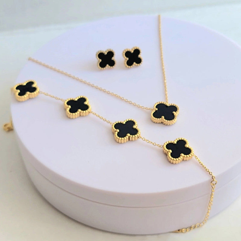 Stainless Steel Gold Plated Set Of Black Anti Tarnish Clover Jewellery Set For Girls And Women - MySmartBazaar
