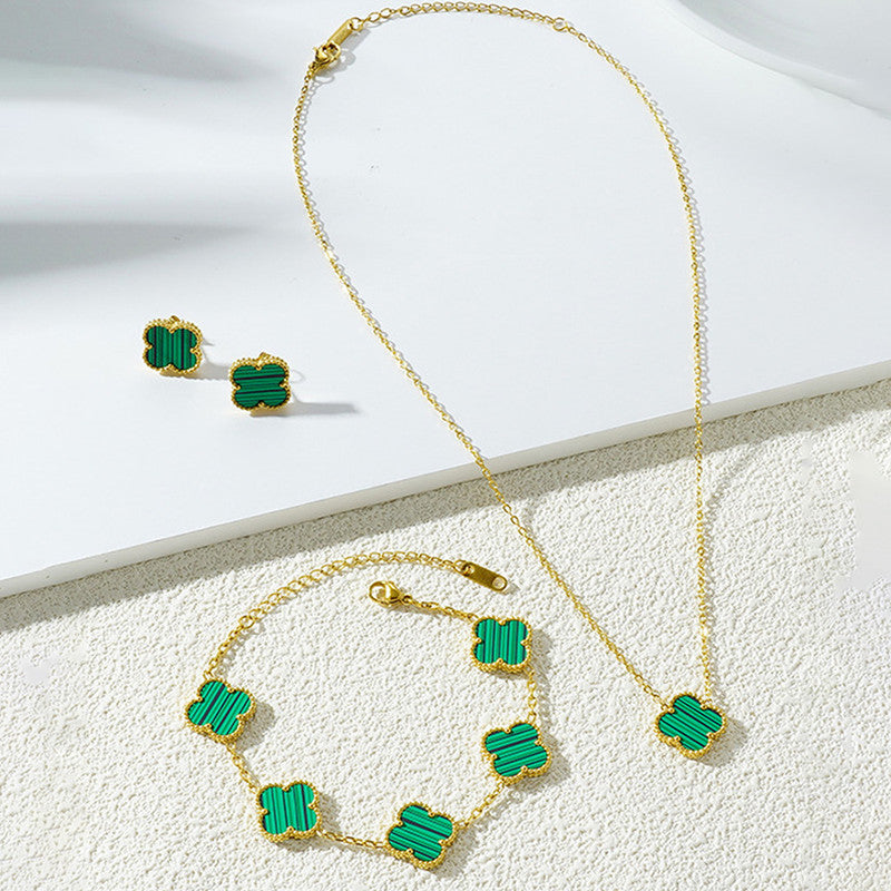 Stainless Steel Gold Plated Set Of Green Anti Tarnish Clover Jewellery Set For Girls And Women - MySmartBazaar