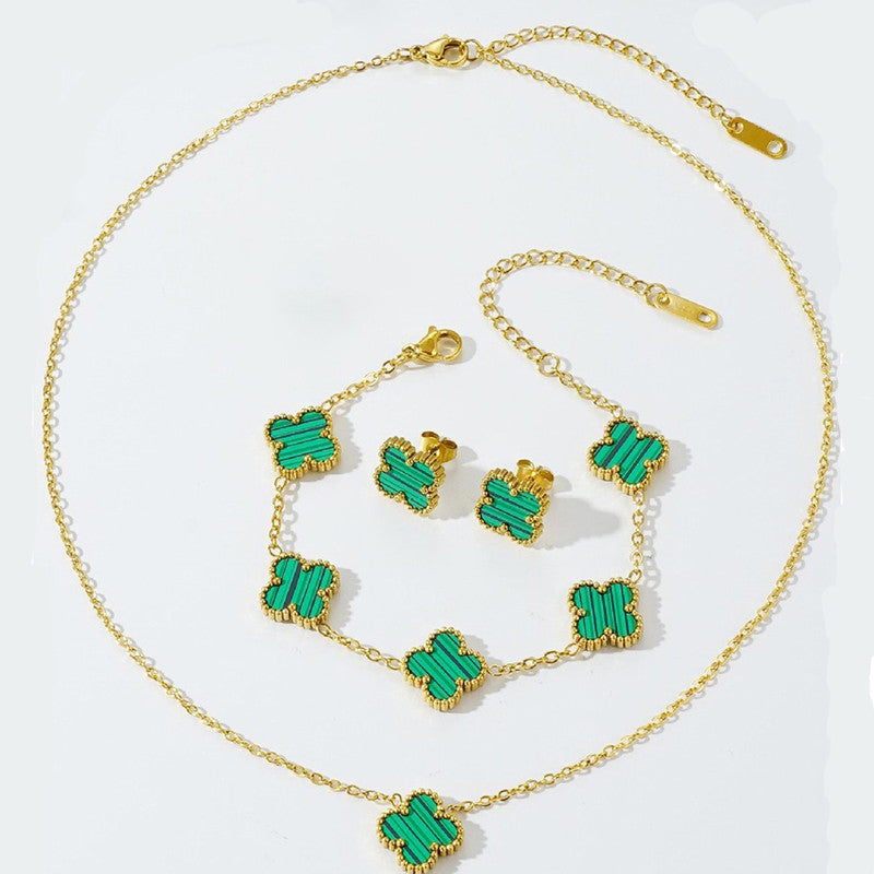 Stainless Steel Gold Plated Set Of Green Anti Tarnish Clover Jewellery Set For Girls And Women - MySmartBazaar