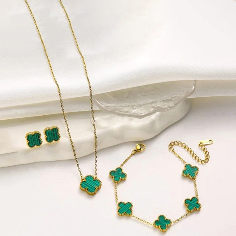 Stainless Steel Gold Plated Set Of Green Anti Tarnish Clover Jewellery Set For Girls And Women - MySmartBazaar