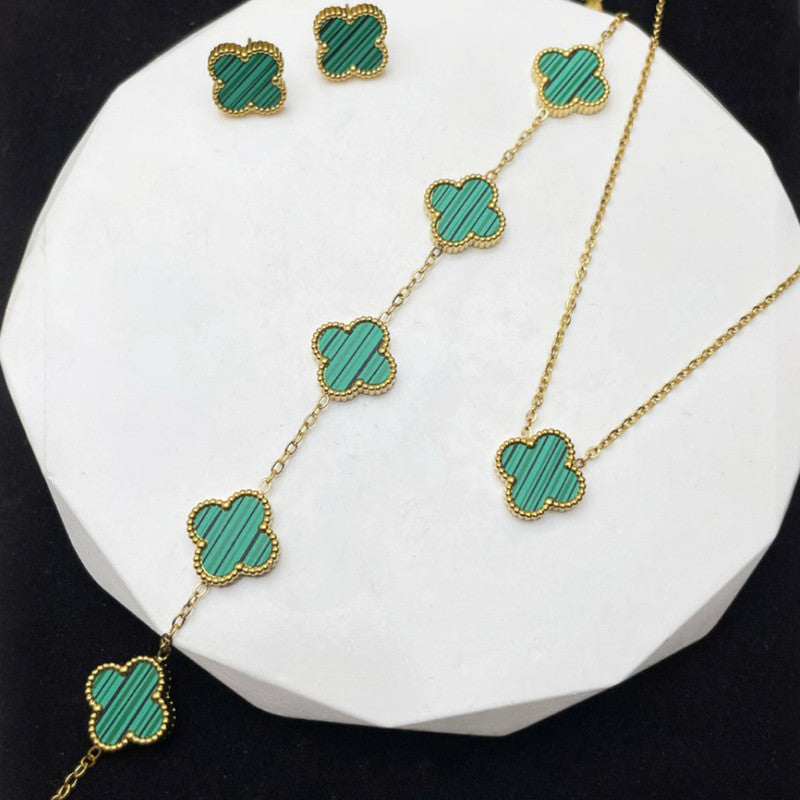 Stainless Steel Gold Plated Set Of Green Anti Tarnish Clover Jewellery Set For Girls And Women - MySmartBazaar