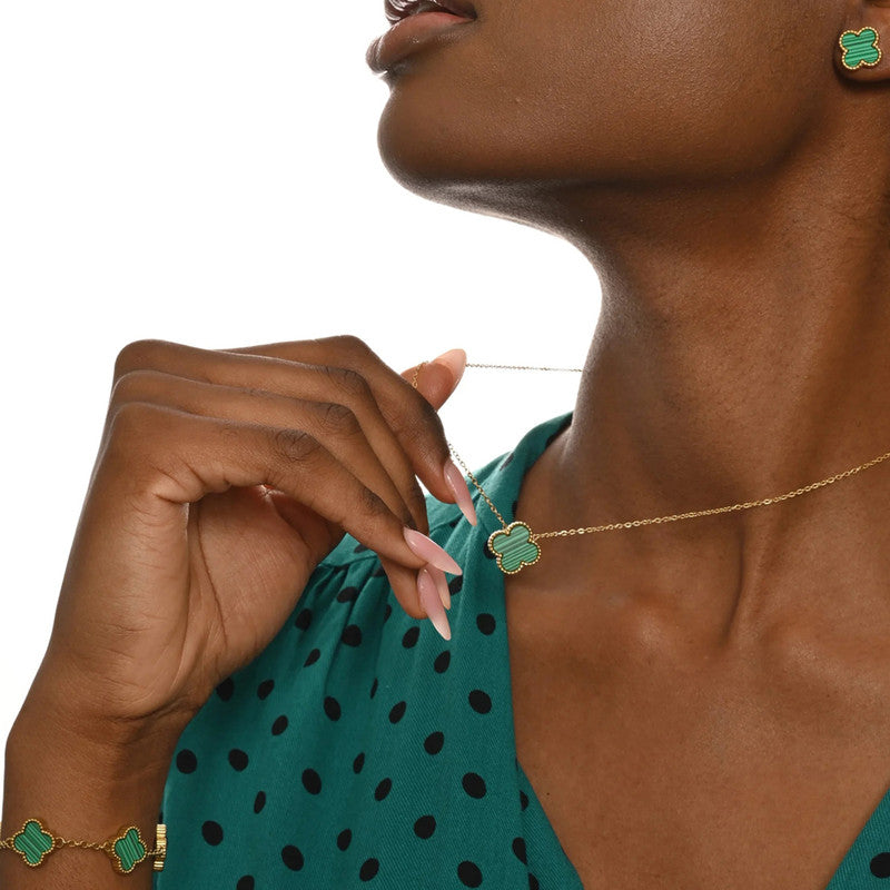 Stainless Steel Gold Plated Set Of Green Anti Tarnish Clover Jewellery Set For Girls And Women - MySmartBazaar