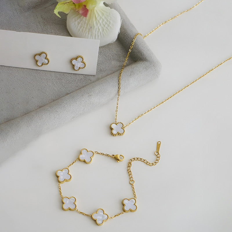 Stainless Steel Gold Plated Set Of White Anti Tarnish Clover Jewellery Set For Girls And Women - MySmartBazaar