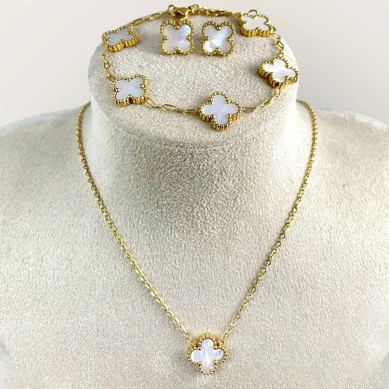 Stainless Steel Gold Plated Set Of White Anti Tarnish Clover Jewellery Set For Girls And Women - MySmartBazaar