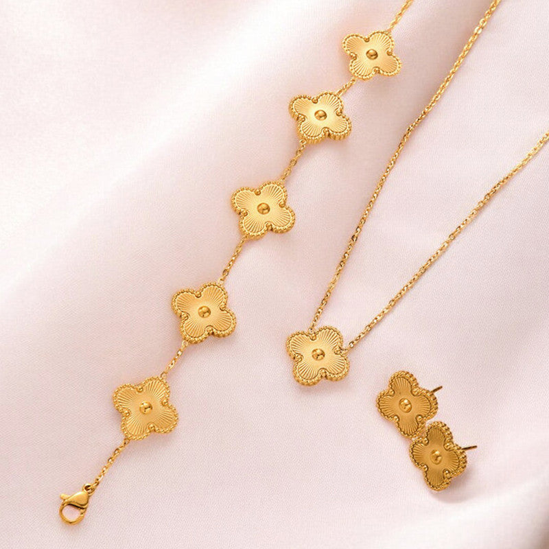 Stainless Steel Gold Plated Set Of Gold Anti Tarnish Clover Jewellery Set For Girls And Women - MySmartBazaar