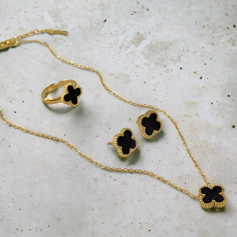 Stainless Steel Gold Plated Set Of Black Anti Tarnish Clover Jewellery Set For Girls And Women - MySmartBazaar
