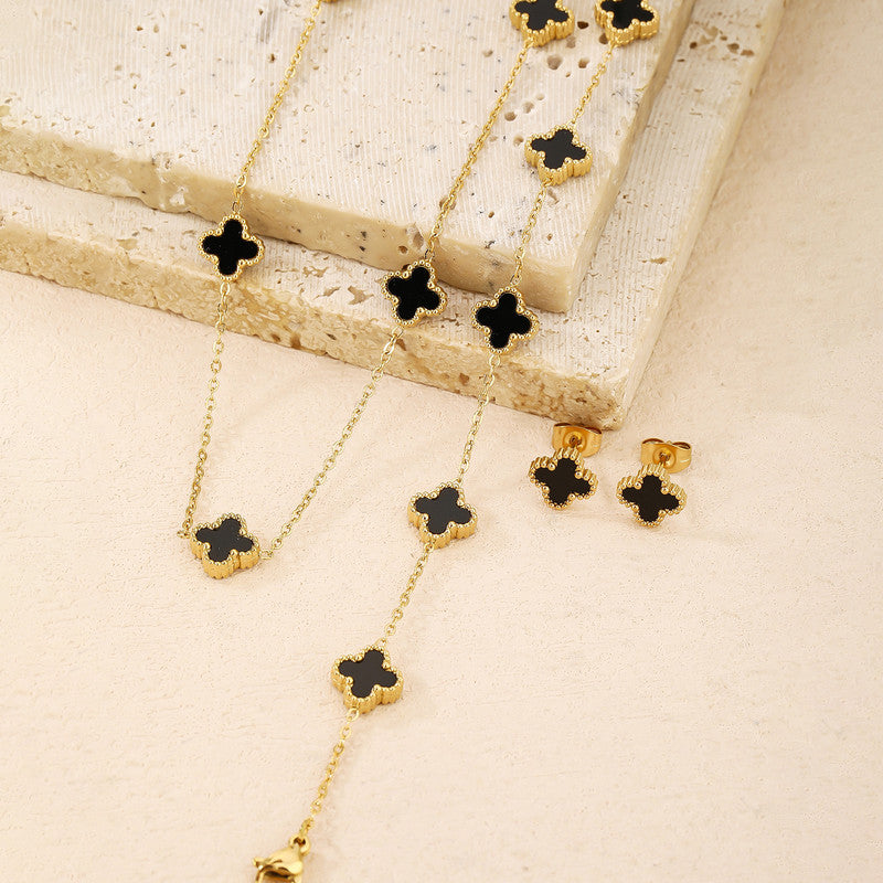 Stainless Steel Gold Plated Set Of Black Anti Tarnish Clover Jewellery Set For Girls And Women - MySmartBazaar