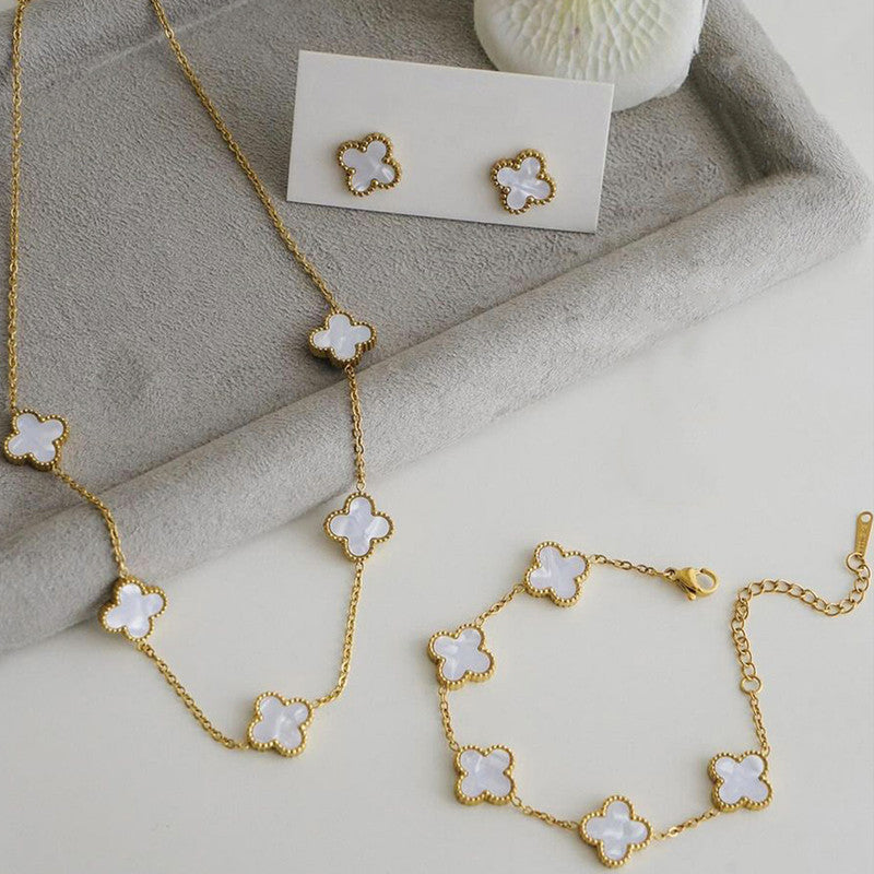 Stainless Steel Gold Plated Set Of White Anti Tarnish Clover Jewellery Set For Girls And Women - MySmartBazaar