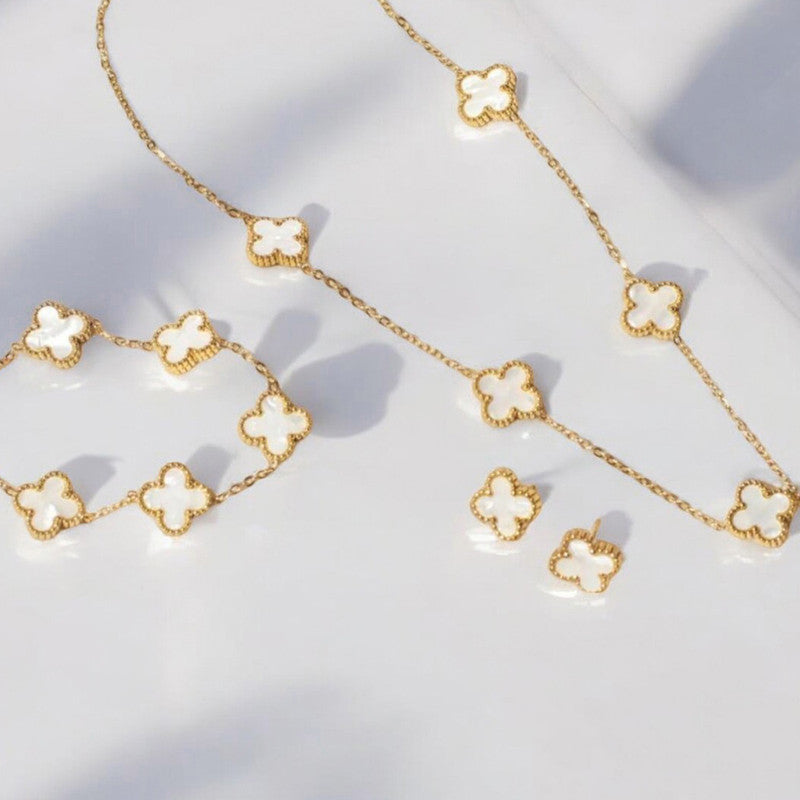 Stainless Steel Gold Plated Set Of White Anti Tarnish Clover Jewellery Set For Girls And Women - MySmartBazaar