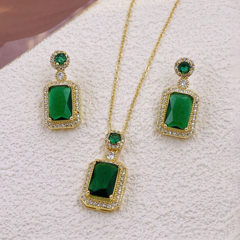 Gold Plated Elegant Emerald Geometric Pendant Set