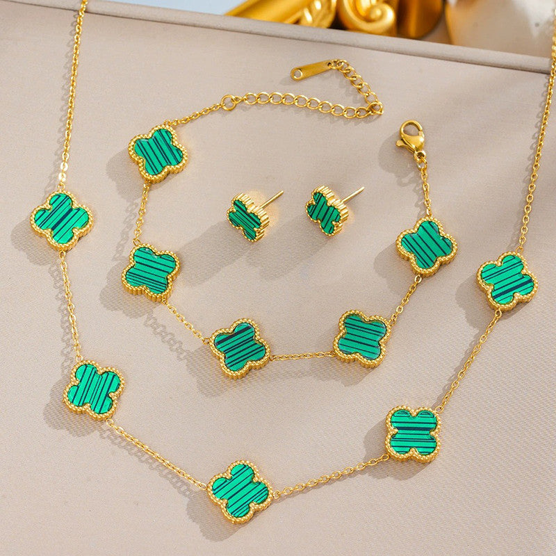 Buy Stainless Steel Gold Plated Set Of Green Anti Tarnish Clover