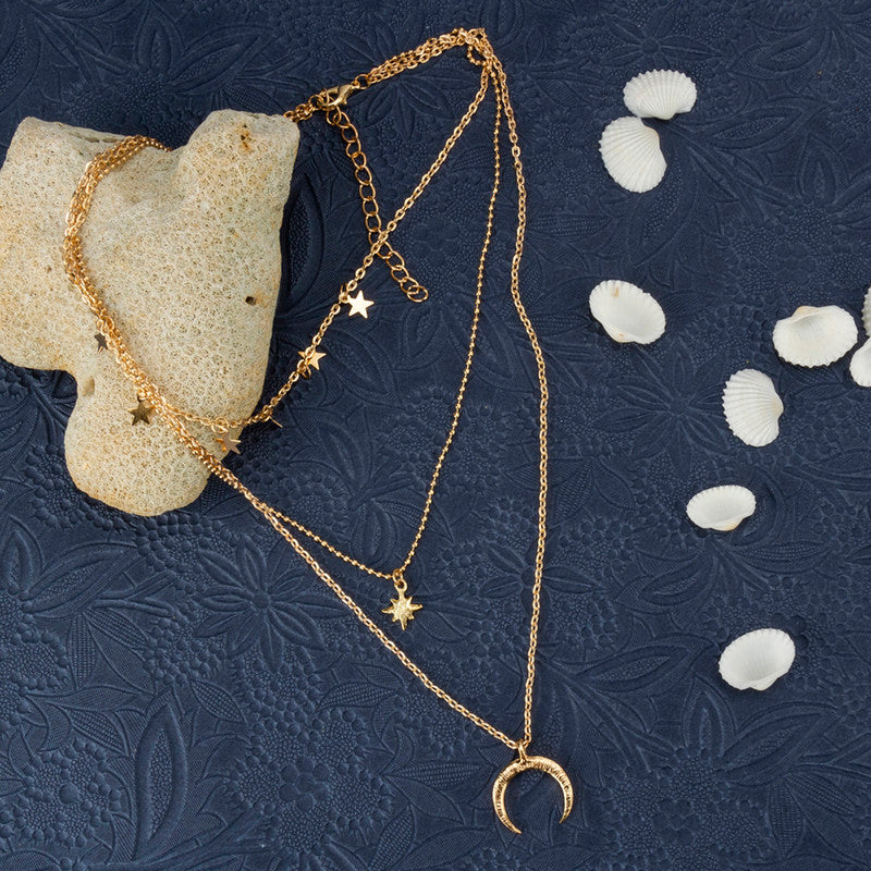 Stunning AD Moon & Star Design Gold Plated Chain Necklace For Women - MySmartBazaar