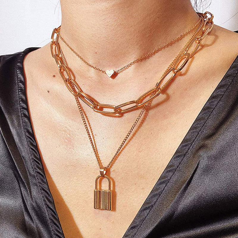Gold Plated Trending Lock inspired Layered Necklace For Women - MySmartBazaar