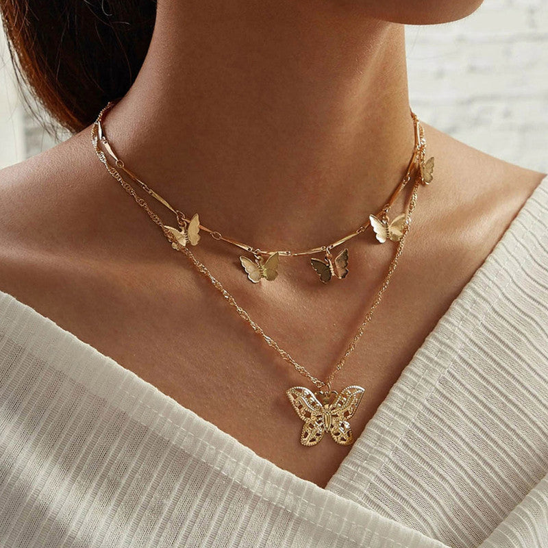 Gold Plated Butterfly inspired Layered Necklace For Women - MySmartBazaar