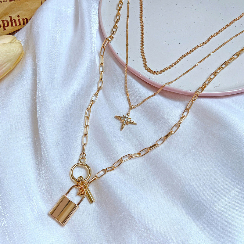 Marvellous AD Star Lock Gold Plated Multi Layers Necklace For Women - MySmartBazaar